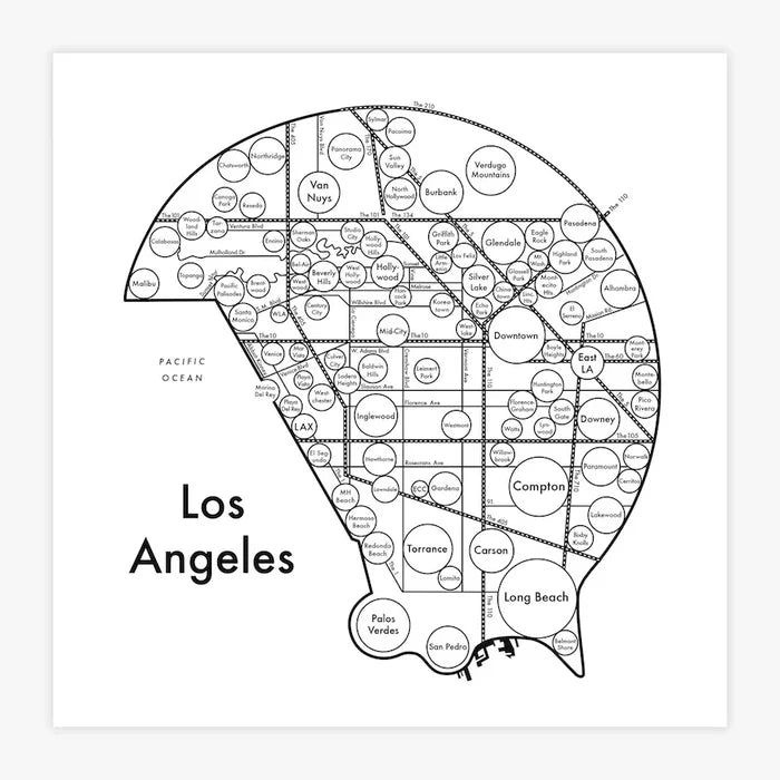 A black and white letterpress printed map of the city of Los Angeles.