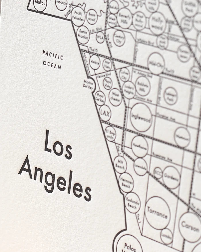 Close-up of the print showing the city of Los Angeles' map.