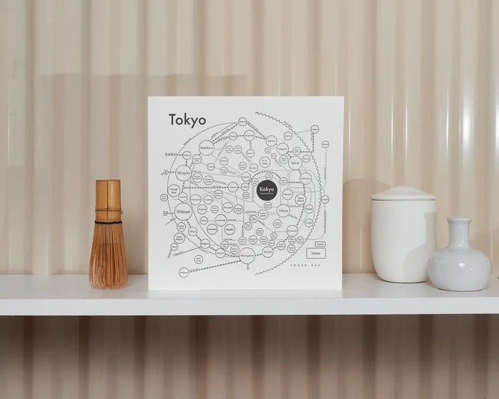 A black and white letterpress printed map of the city of Tokyo.