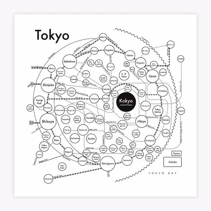 A black and white letterpress printed map of the city of Tokyo.