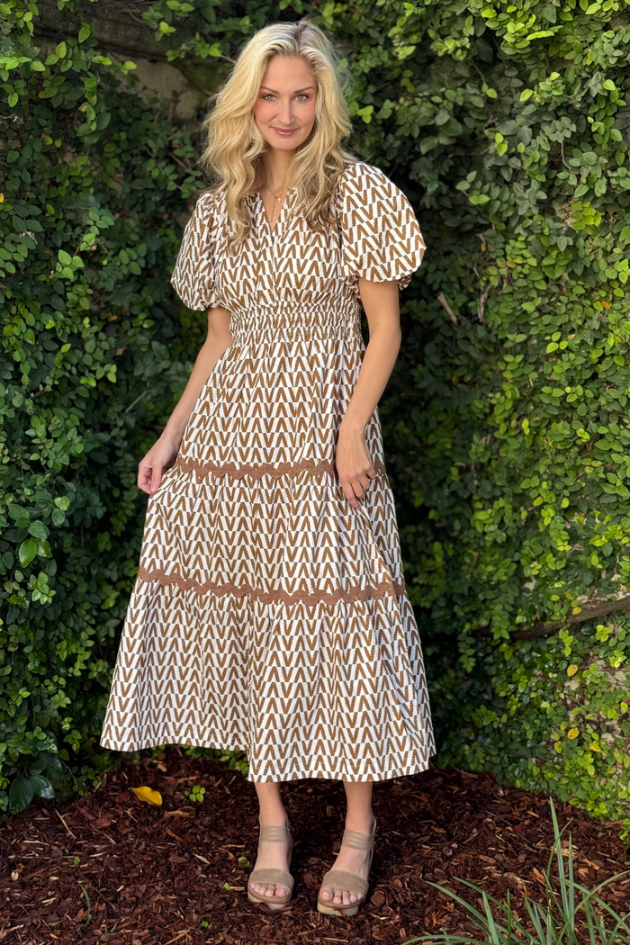 Coffee Canvas Geometric Smocked Midi Dress
