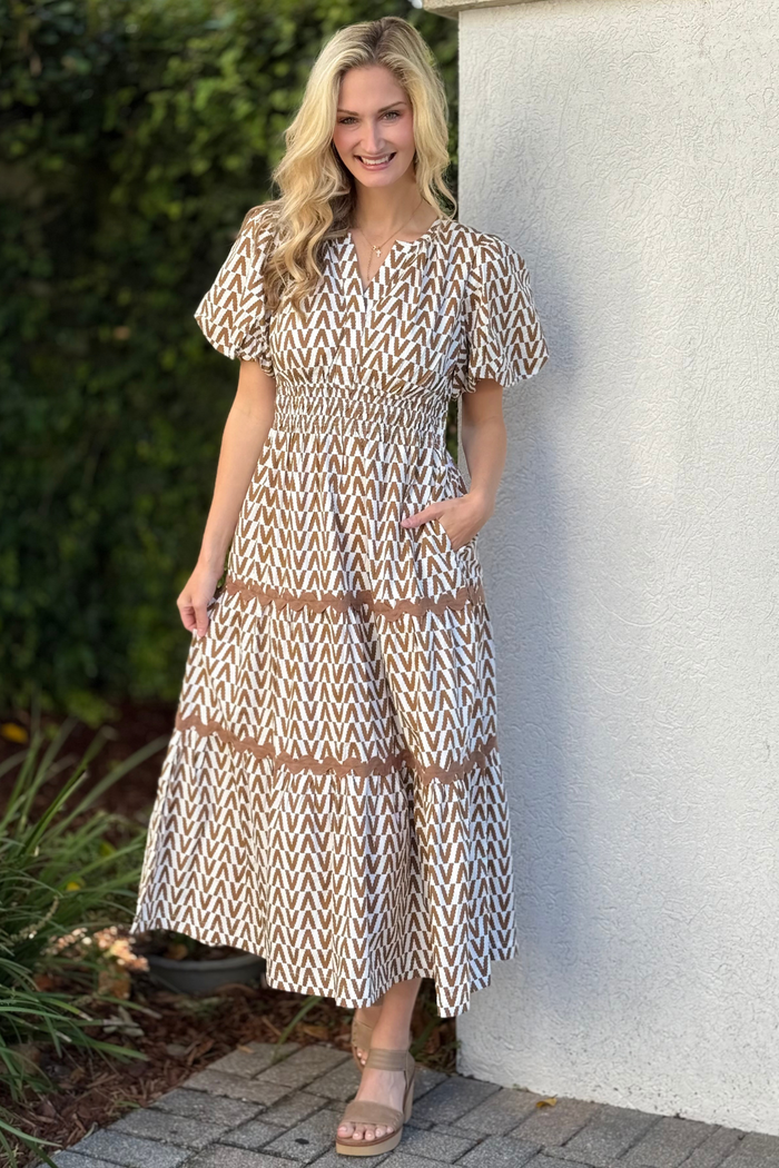 Coffee Canvas Geometric Smocked Midi Dress