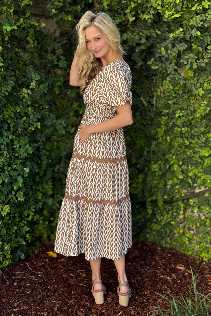 Coffee Canvas Geometric Smocked Midi Dress