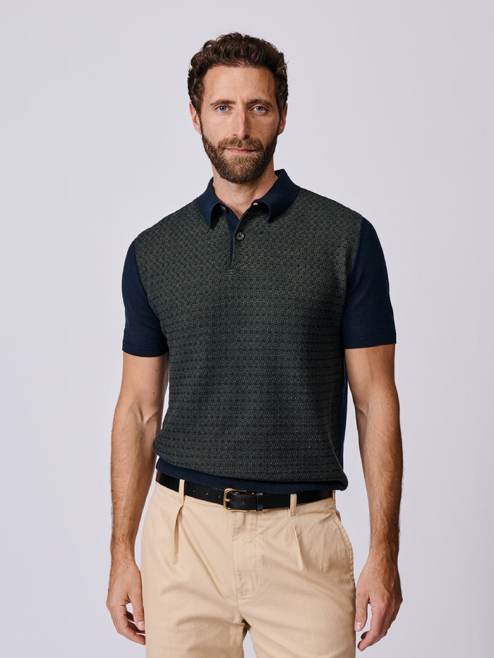 Aubin Navy/Green Coleridge Textured Front Polo | Knitted Polo