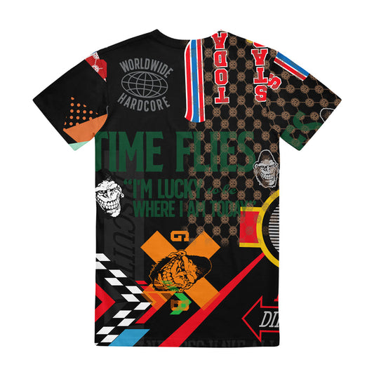 The limited edition Gorilla Biscuits t-shirt showcases bold graphics, including TIME FLIES and WORLDWIDE HARDCORE text, stylized faces, checkered patterns, and geometric shapes in vibrant red, green, yellow, and black.