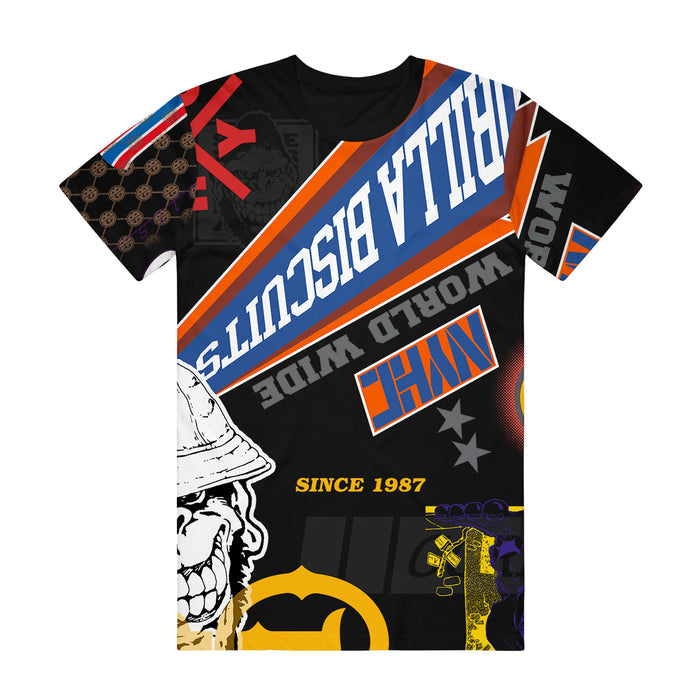 A short-sleeve Gorilla Biscuits t-shirt with a bold, colorful collage design featuring text like VILLA BISCUITS, WORLD WIDE, SINCE 1987, plus vibrant graphics and cartoon-style illustrations on a black background.