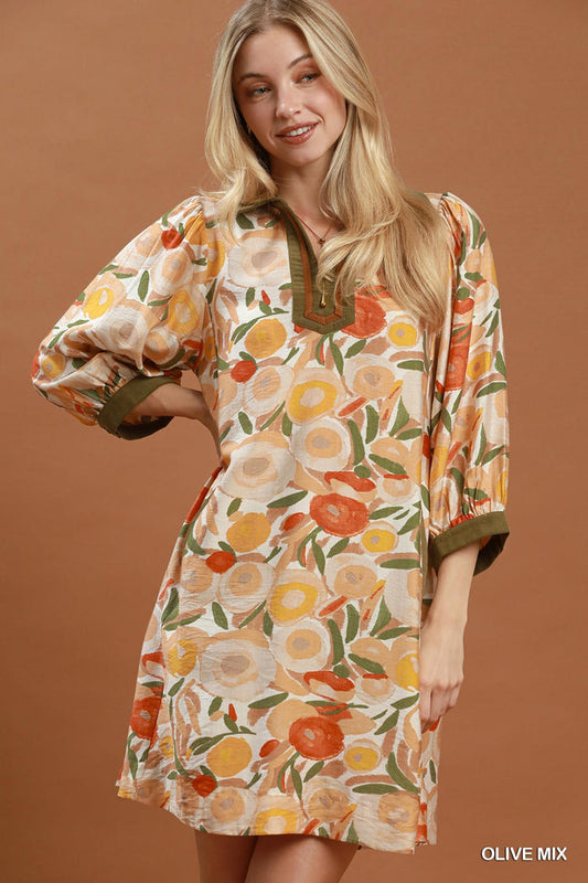 Collared Puff Sleeve Mixed Media Print Dress