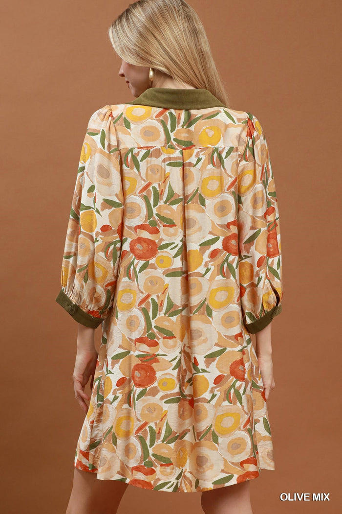 Collared Puff Sleeve Mixed Media Print Dress