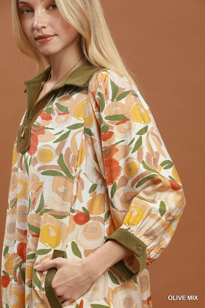 Collared Puff Sleeve Mixed Media Print Dress