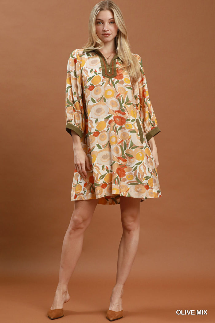 Collared Puff Sleeve Mixed Media Print Dress