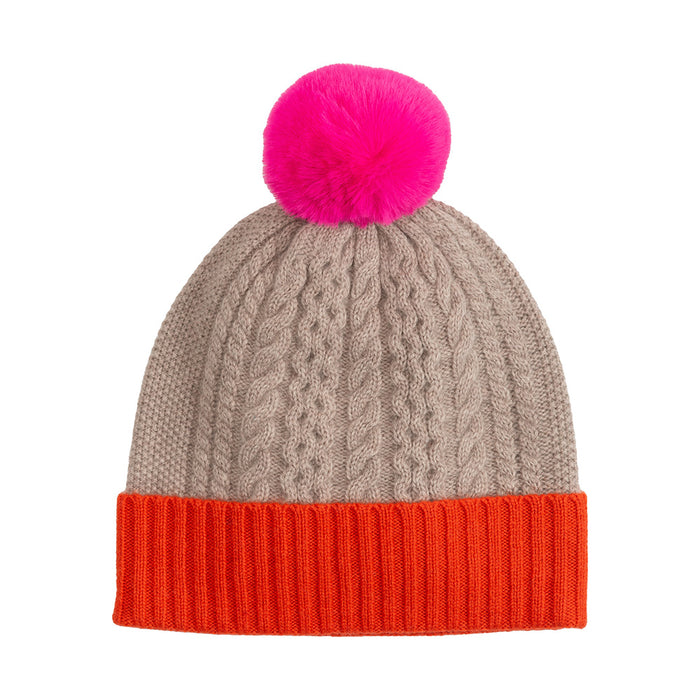 Colorblock Cable Knit Beanie with Pompom