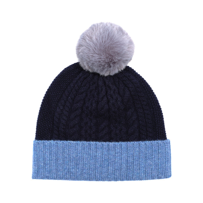 Colorblock Cable Knit Beanie with Pompom