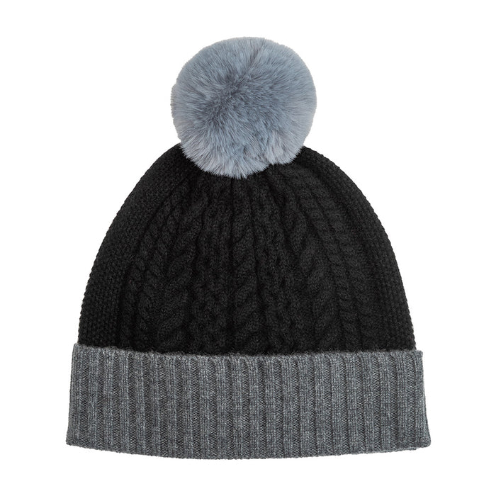 Colorblock Cable Knit Beanie with Pompom