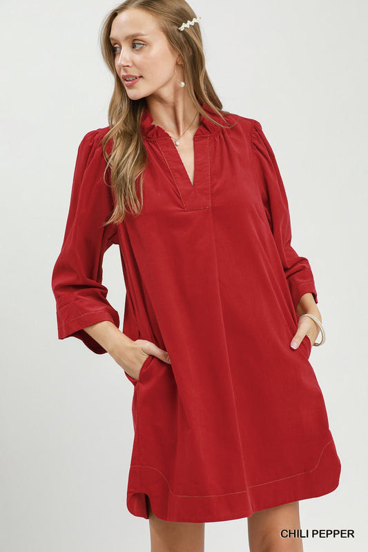 Corduroy 3/4 Sleeve V-Neck Shift Dress