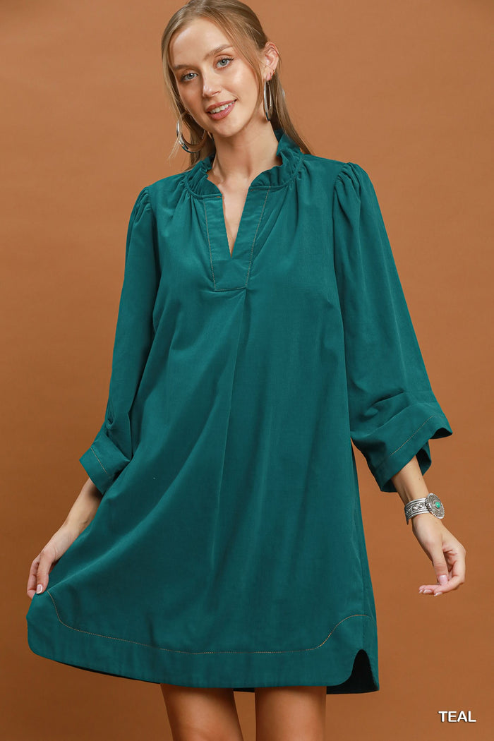 Corduroy 3/4 Sleeve V-Neck Shift Dress