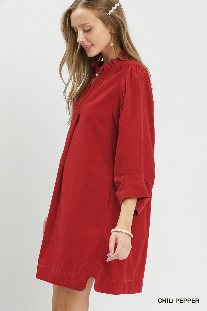 Corduroy 3/4 Sleeve V-Neck Shift Dress