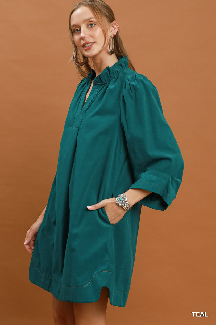 Corduroy 3/4 Sleeve V-Neck Shift Dress