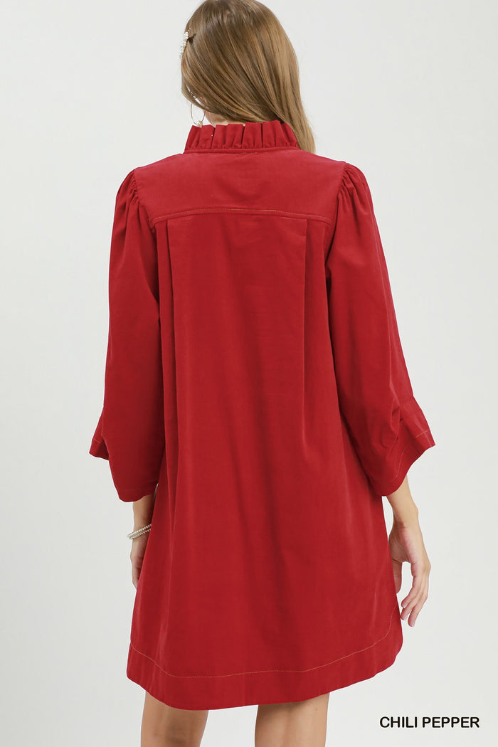 Corduroy 3/4 Sleeve V-Neck Shift Dress