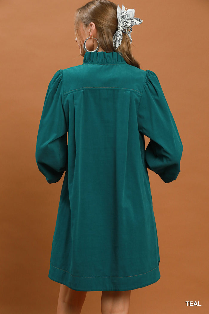 Corduroy 3/4 Sleeve V-Neck Shift Dress