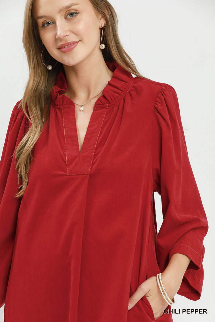 Corduroy 3/4 Sleeve V-Neck Shift Dress