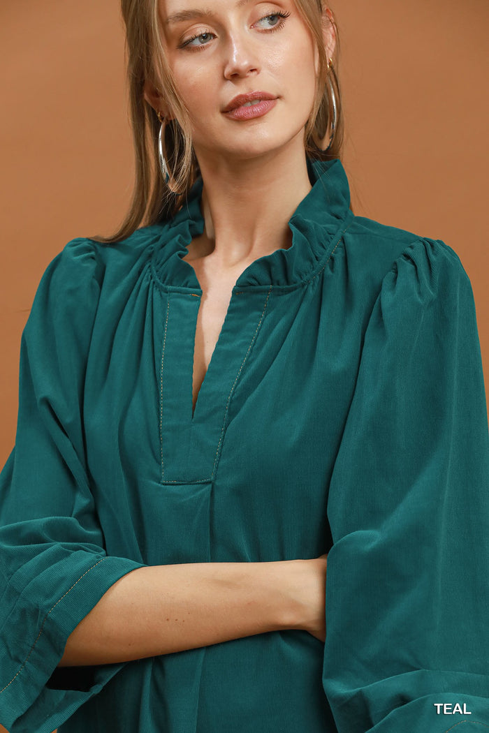Corduroy 3/4 Sleeve V-Neck Shift Dress