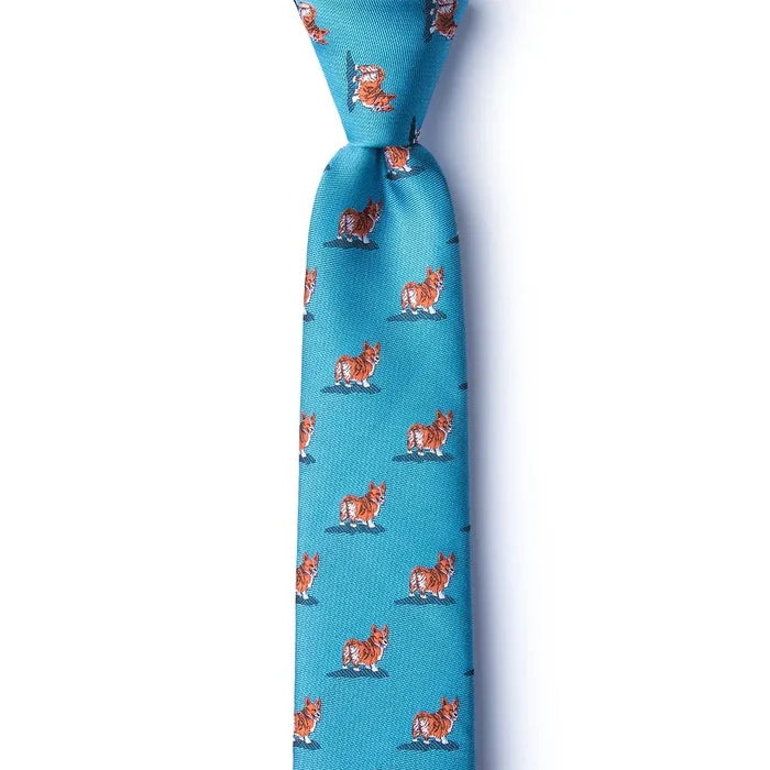 Skinny teal tie with a corgi dog pattern