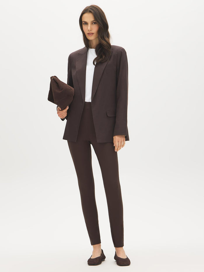 Coffee Bean Corset Waist Skinny Knit Pants - Woman Wearing Pull-On Stretch Pants - Suzy Shier