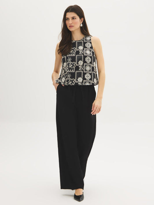Black Embroidered Sleeveless Shell Top - Woman Wearing Detailed Cotton Top - Suzy Shier