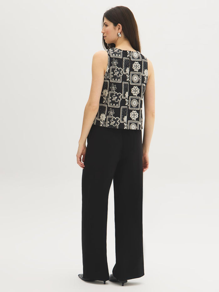 Black Embroidered Sleeveless Shell Top - Woman Wearing Detailed Cotton Top - Suzy Shier