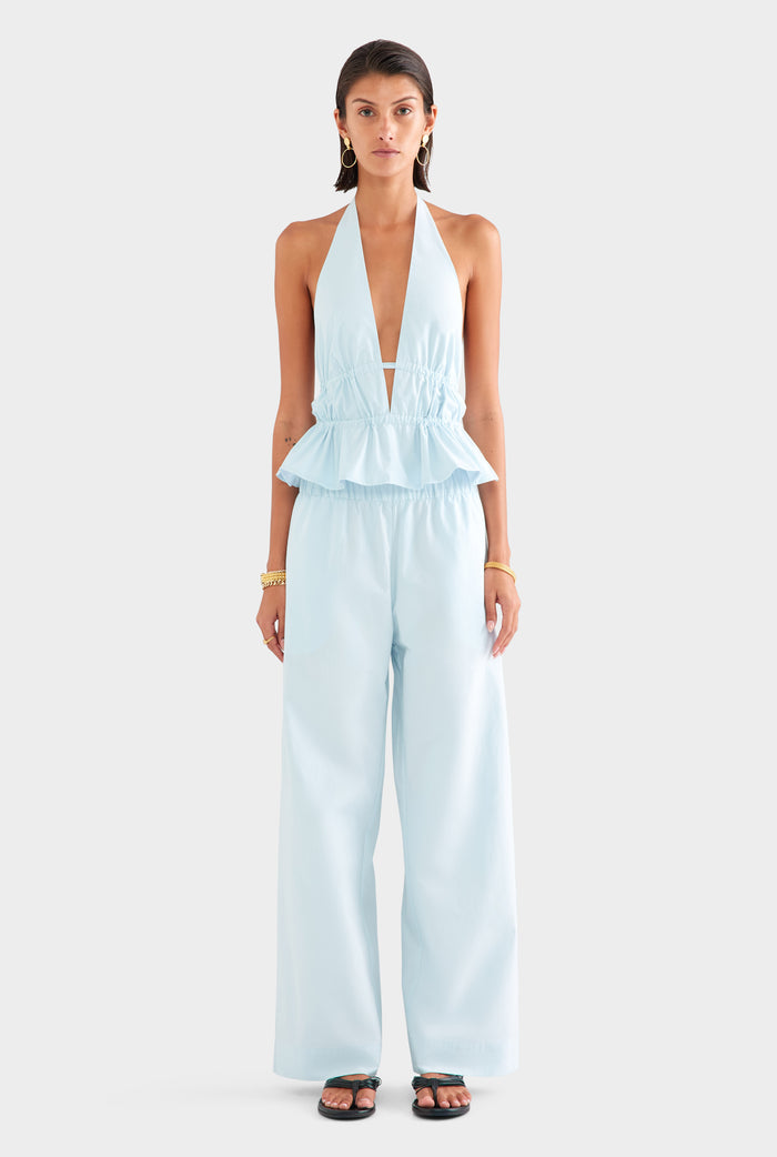 Cotton Poplin Halter Top - Pale Blue