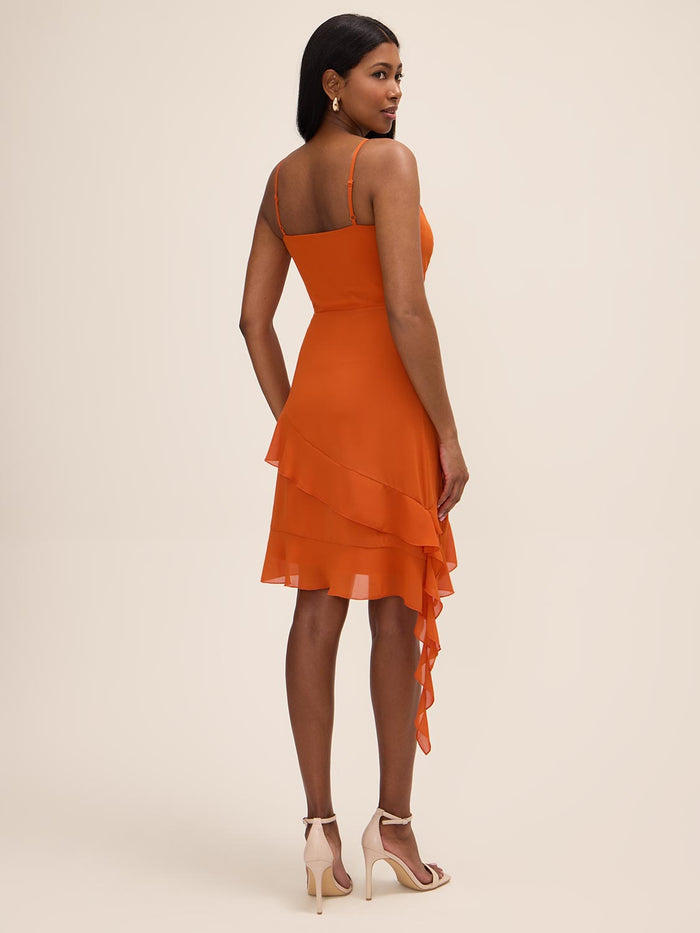 Rust Chiffon Mini Dress with Cowl Neck - Woman Wearing Asymmetrical Ruffled Dress - Le Chateau