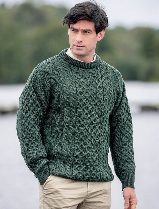 Crew Neck Super Soft Aran Sweater - Army Green