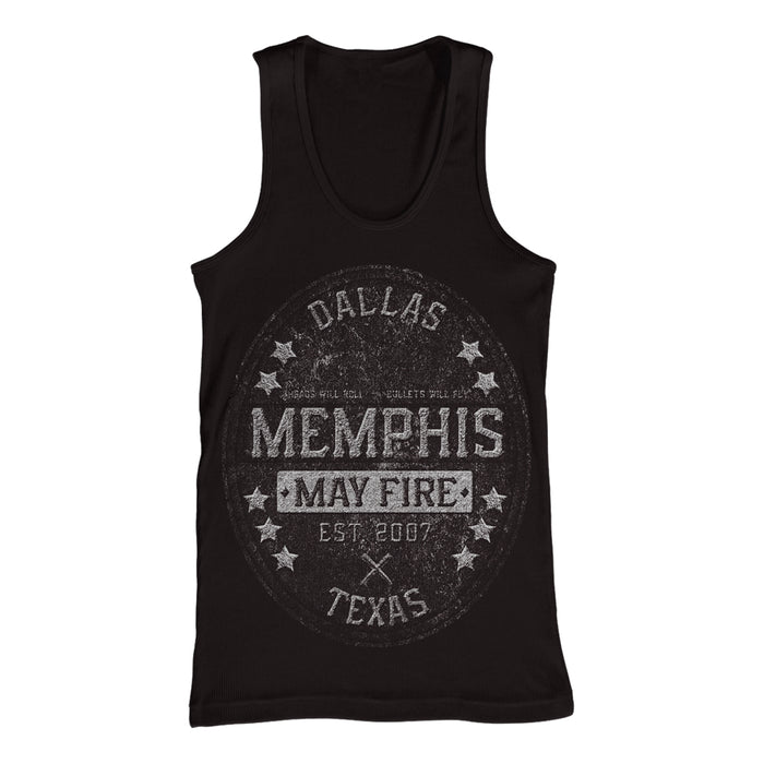 A black tank top by Memphis May Fire featuring a distressed circular logo with Dallas Texas Memphis May Fire Est. 2007 and stars around the design.