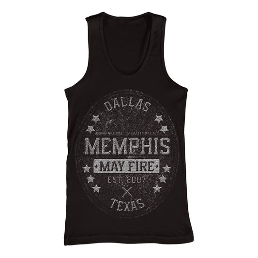 A black tank top by Memphis May Fire featuring a distressed circular logo with Dallas Texas Memphis May Fire Est. 2007 and stars around the design.