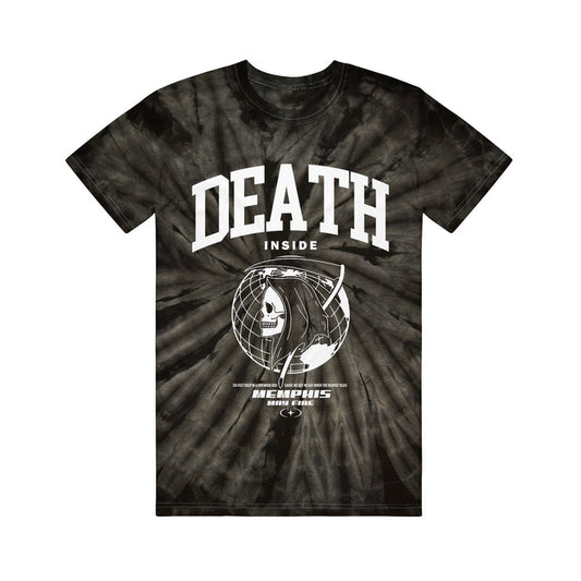 Black tie-dye t-shirt by Memphis May Fire featuring DEATH INSIDE in bold white letters over a grim reaper and globe graphic, with MEMPHIS NEW FACE and additional small text beneath the illustration.