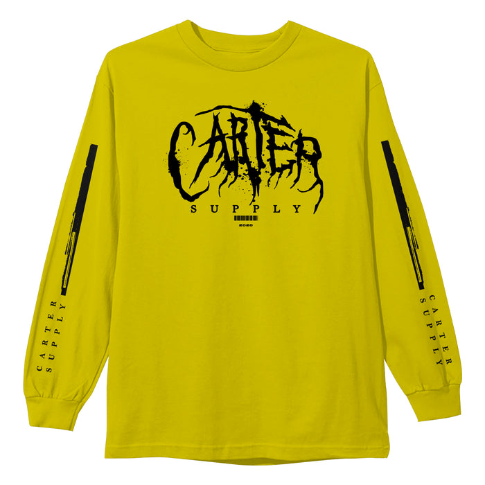 A yellow long-sleeve shirt by Tyler Carter featuring bold black CARTER SUPPLY text on the chest, plus black designs and CARTER SUPPLY printed on both sleeves.