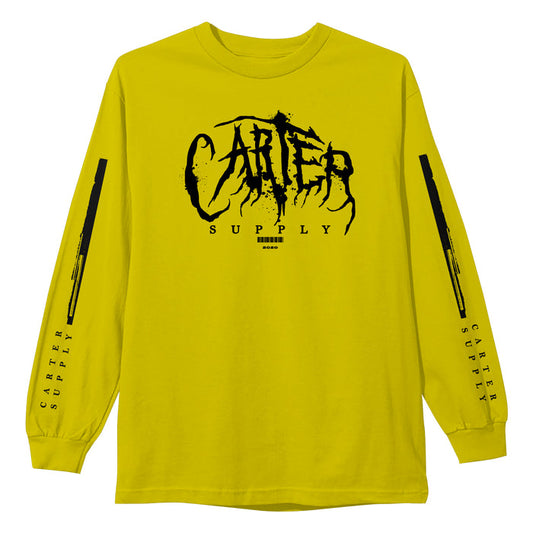A yellow long-sleeve shirt by Tyler Carter featuring bold black CARTER SUPPLY text on the chest, plus black designs and CARTER SUPPLY printed on both sleeves.