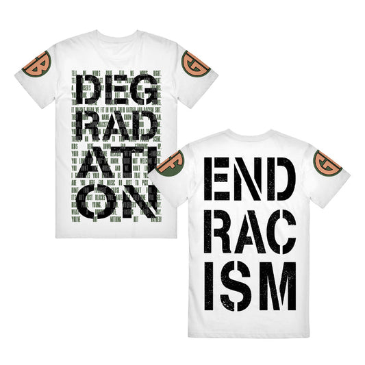 Two white Gorilla Biscuits t-shirts are shown: front with DEGRADATION and subtle text, back with bold END RACISM for racial justice. F and A initials patch the arms. Proceeds aid the NAACP Legal Defense Fund.
