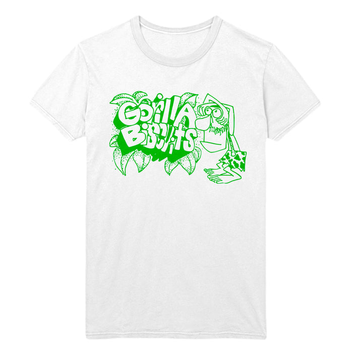 White Gorilla Biscuits t-shirt with a bold green graphic of stylized leaves and a cartoon figure with an oversized hand and foot on the front.