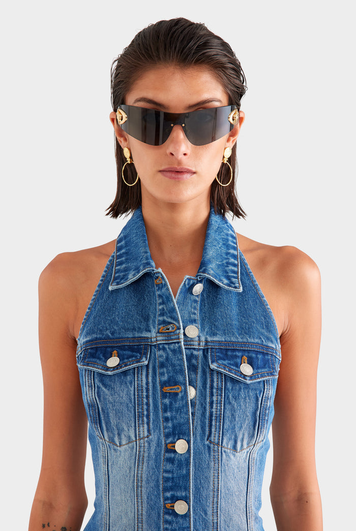 Denim Halter Dress - Mid Indigo