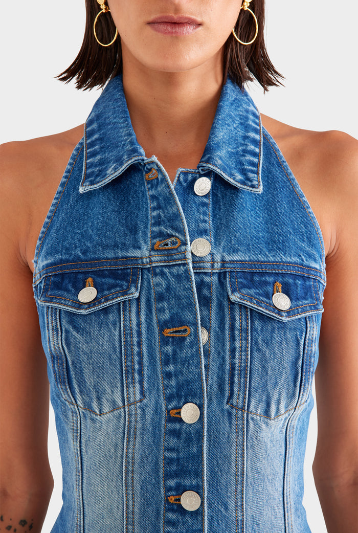 Denim Halter Dress - Mid Indigo