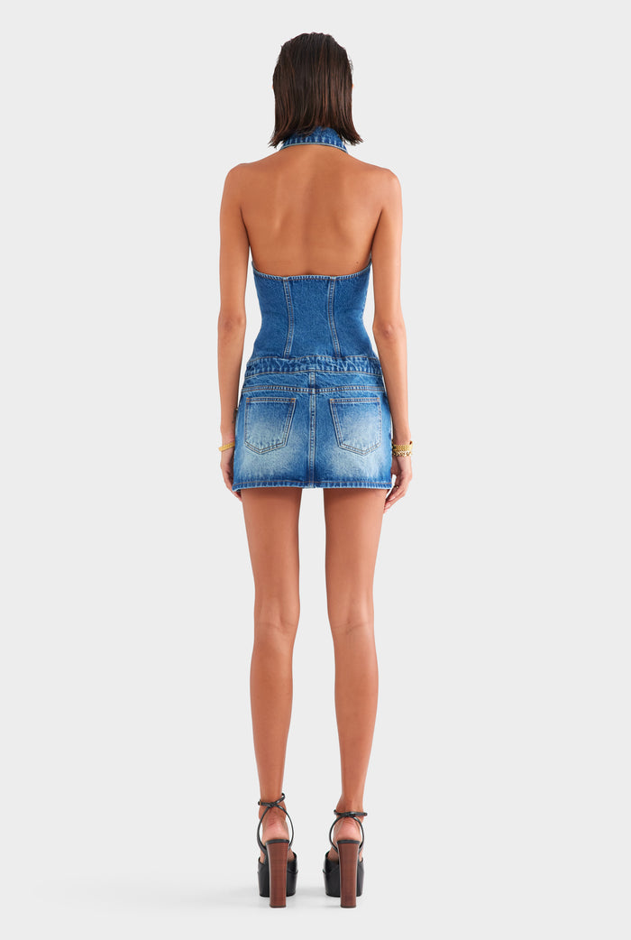 Denim Halter Dress - Mid Indigo