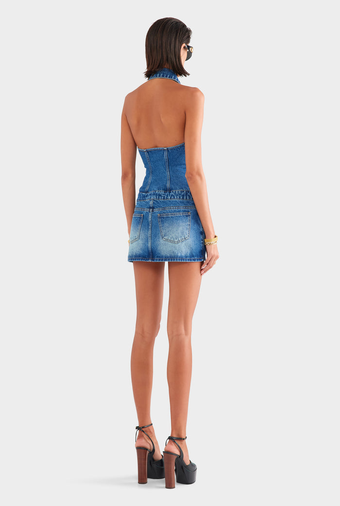 Denim Halter Dress - Mid Indigo