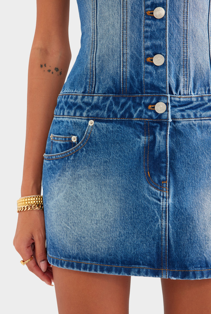 Denim Halter Dress - Mid Indigo