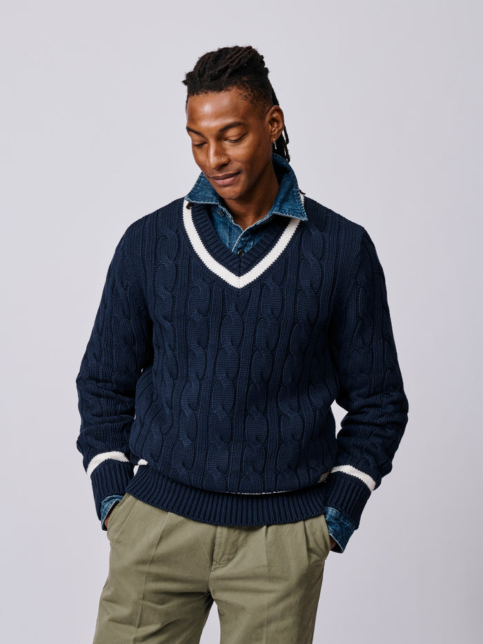 Aubin Navy Denton Cotton Cricket Jumper | V-Neck