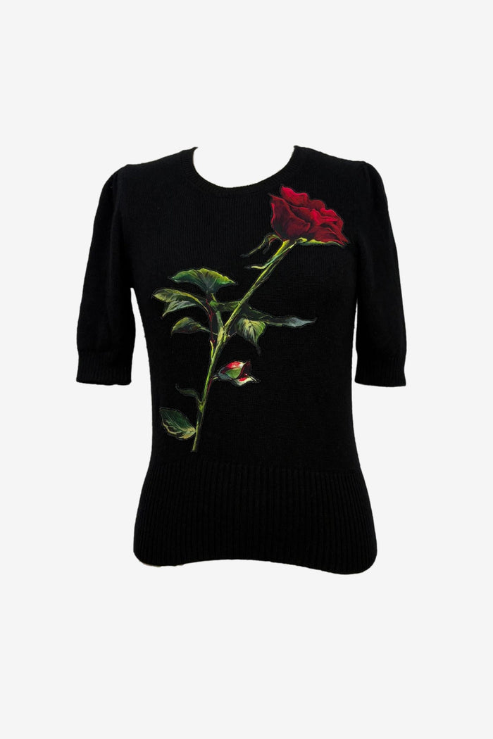 Dolce & Gabbana Black Wool Rose Print Knit
