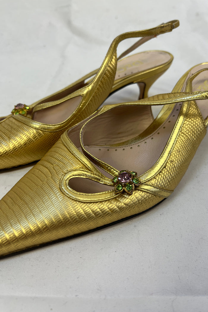 Dolce & Gabbana Gold Leather Slingback Pumps with Jewel Detail