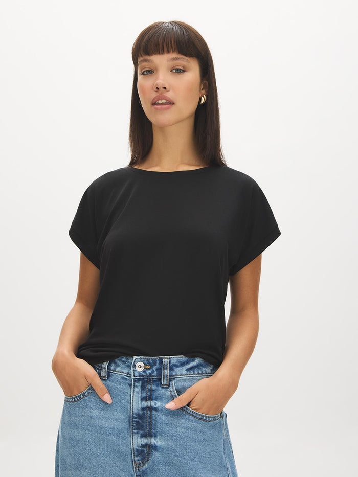 Black Dolman Sleeve Jersey Top - Woman Wearing Relaxed Fit Knit Top - Suzy Shier