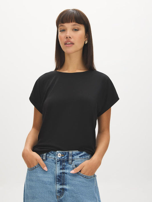 Black Dolman Sleeve Jersey Top - Woman Wearing Relaxed Fit Knit Top - Suzy Shier