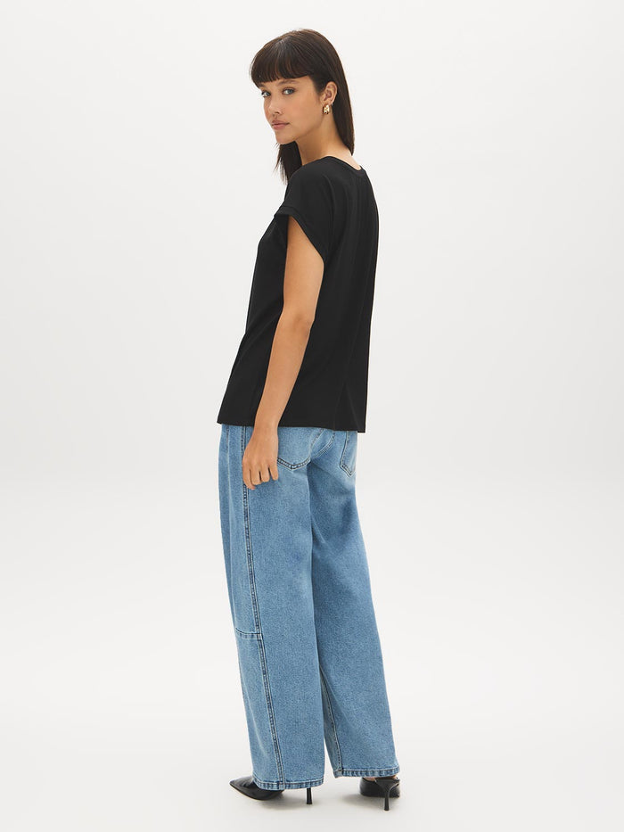 Black Dolman Sleeve Jersey Top - Side Profile View - Suzy Shier